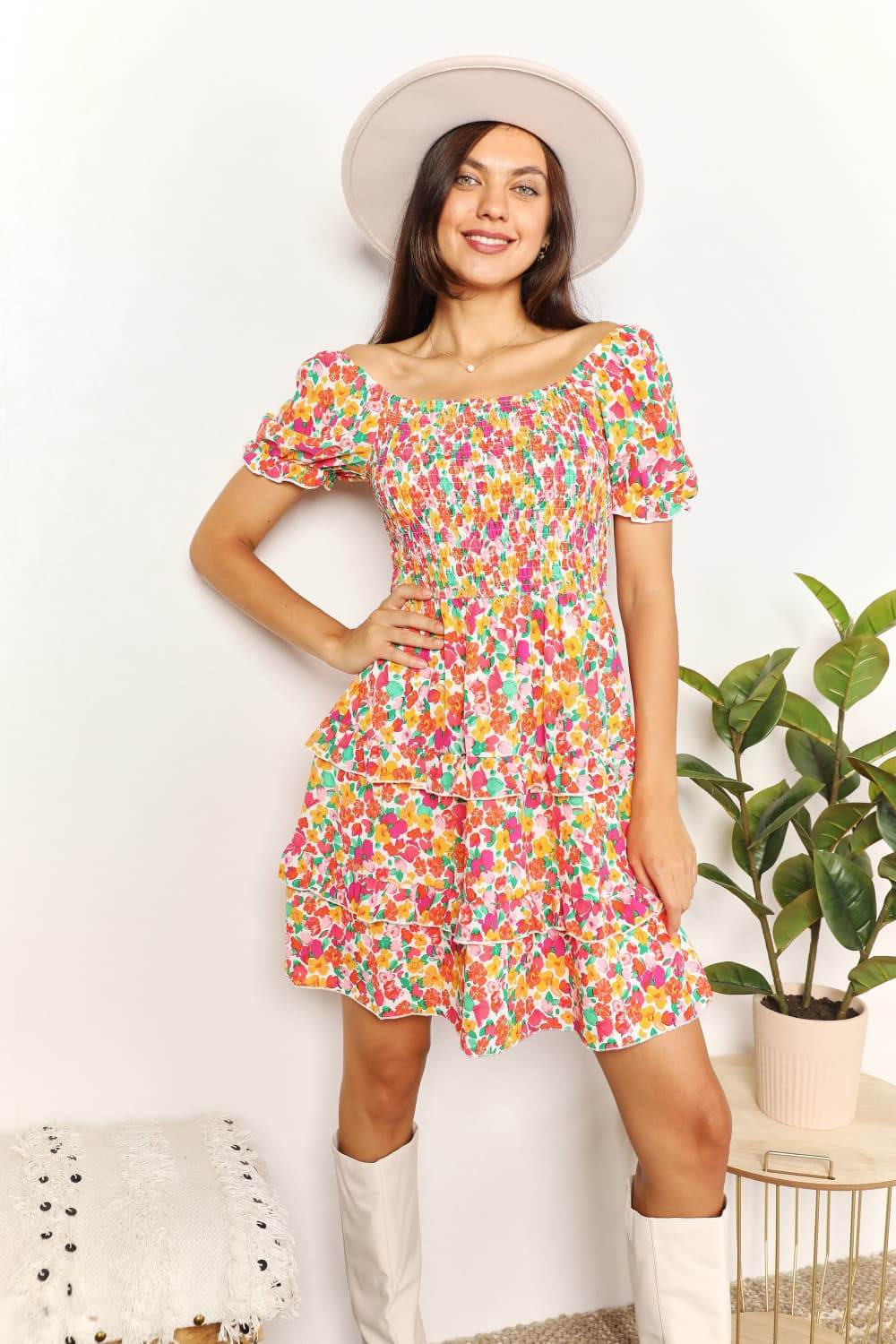 Devine Smocked Sweetheart Neck Flounce Sleeve Mini Dress Strawberry Trendsi a1c77587142f47a3a297470e58d8cd05-Max