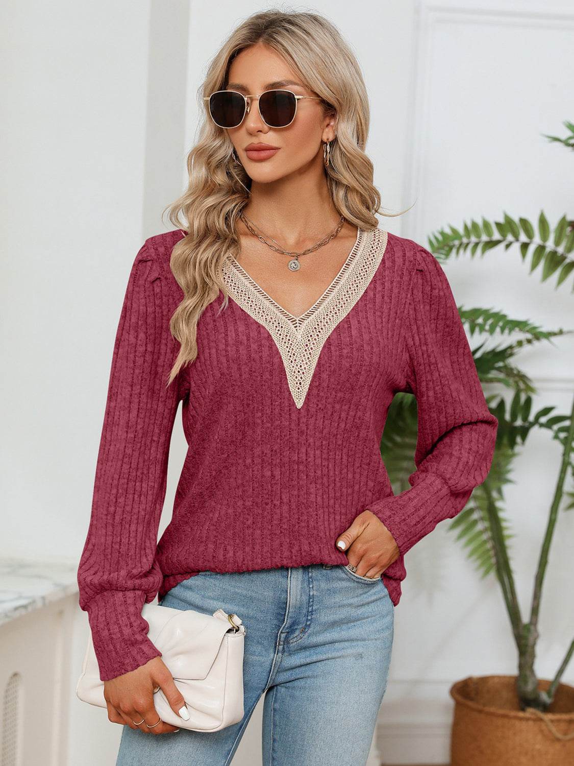 Lace Detail V-Neck Ribbed Blouse Brick Red Trendsi a1f1a940c0c44d348c6bff7e6d7a0bec-Max