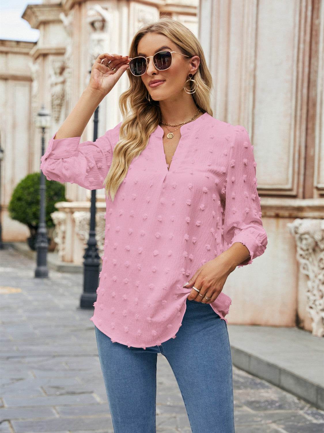 Swiss Dot Notched Neck Blouse Carnation Pink Trendsi a2139e454bf64d4ca2e8b11b6833fb4a-Max