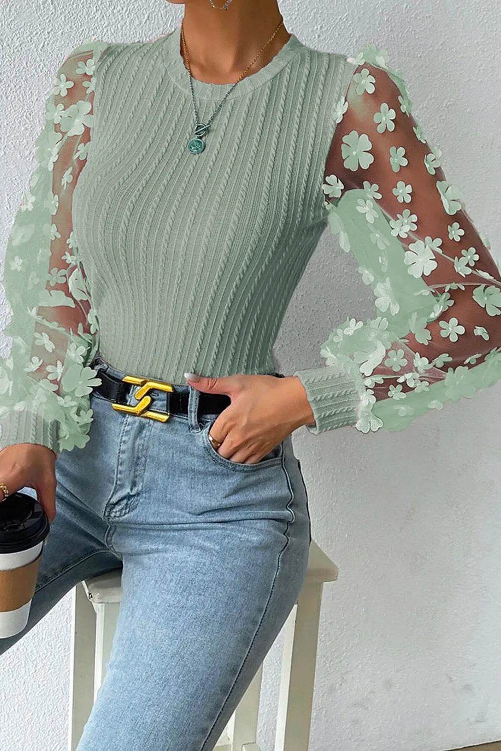 Textured Applique Long Sleeve Blouse Trendsi a2411795-f775-452f-b455-0ae3774d75d2-Max