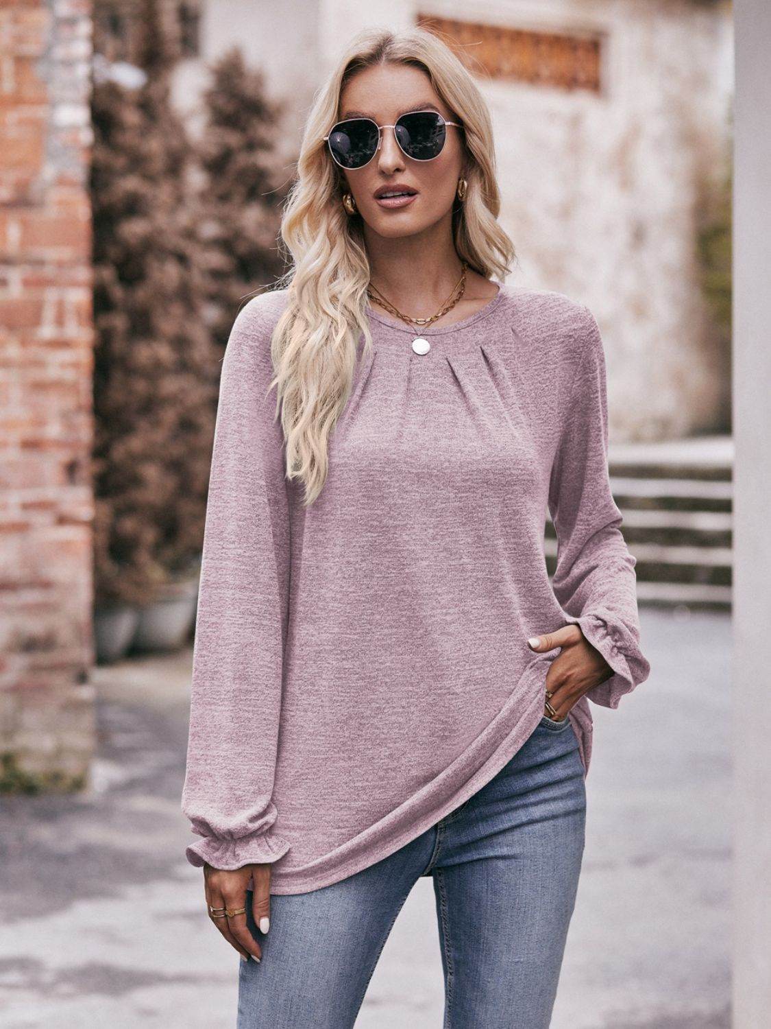 Mandy Long Flounce Sleeve Round Neck Blouse Trendsi a25bfae7325243b59106bd659fb1bcf6-Max