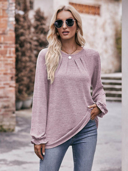 Mandy Long Flounce Sleeve Round Neck Blouse Trendsi a25bfae7325243b59106bd659fb1bcf6-Max