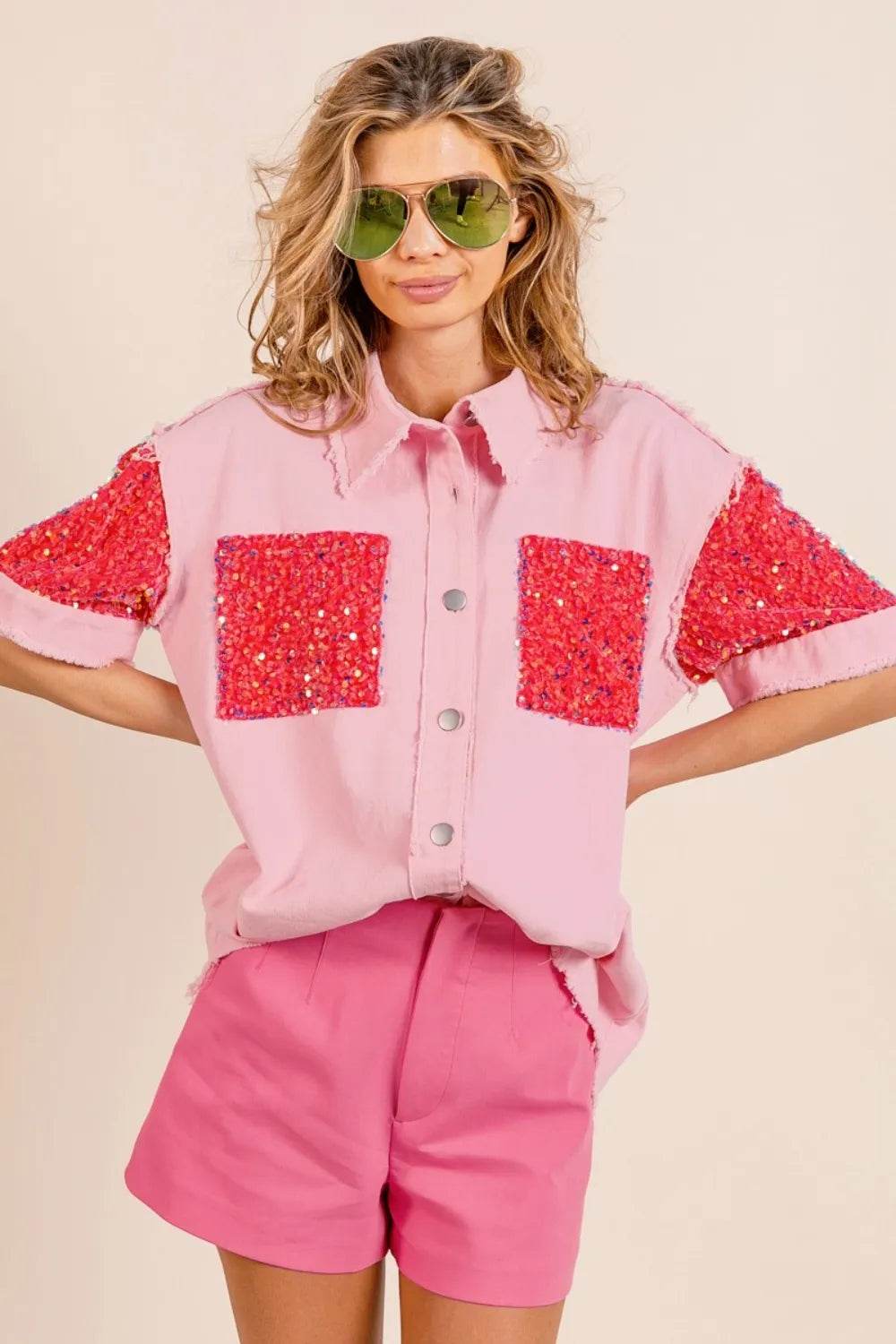BiBi Sequin Detail Raw Hem Short Sleeve Shirt Trendsi a2709eb3-9336-4139-8d68-82e84d4fa310-Max