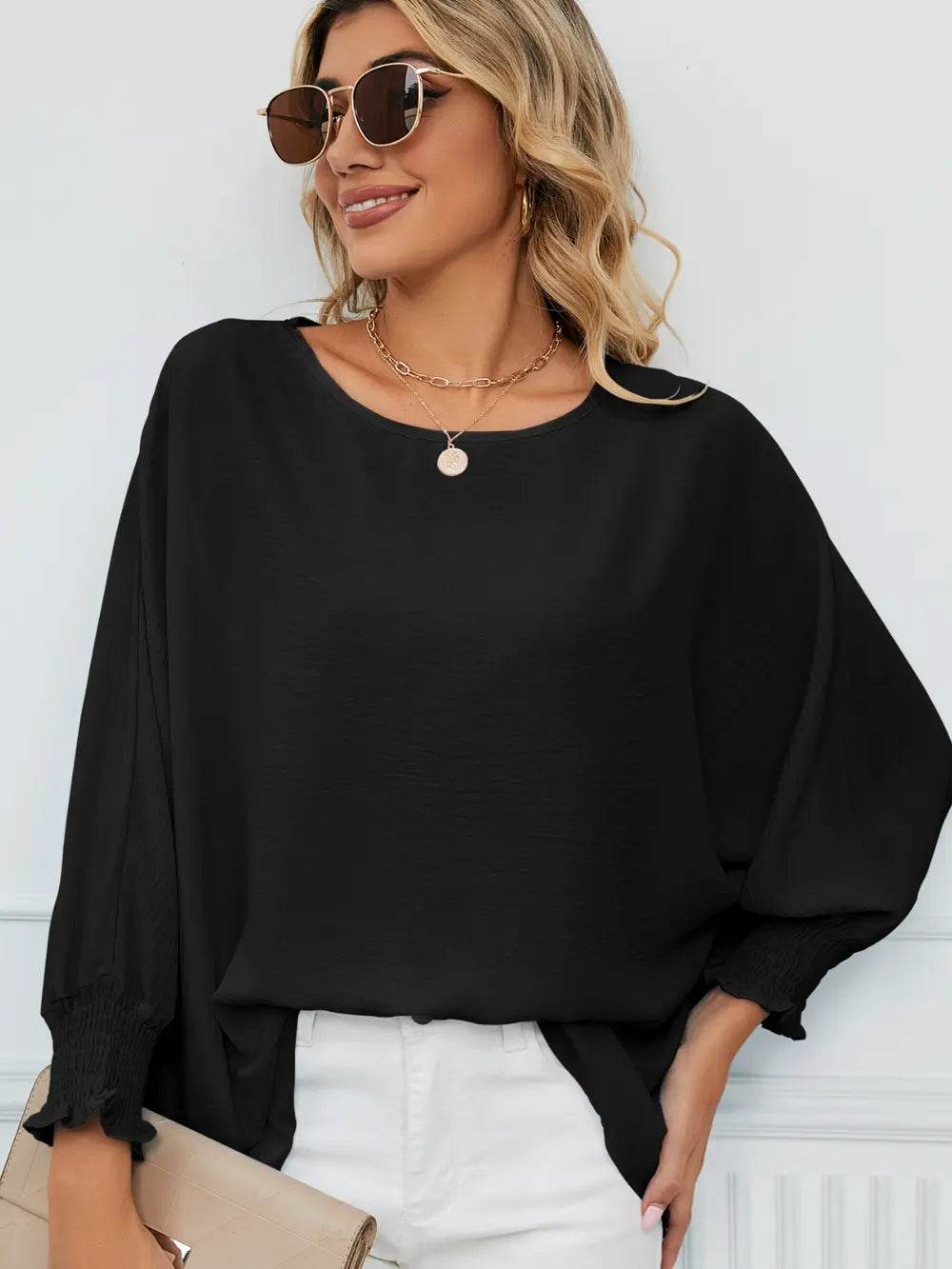 Smocked Lantern Sleeve Round Neck Blouse Trendsi a2741ab5c3d7487eaec7479ceffc39b4-Max