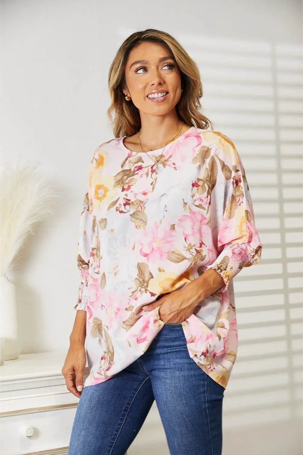Double Take Floral Round Neck Three-Quarter Sleeve Top Trendsi a2a0699a-7d8d-445f-9704-9c6879be1026-Max