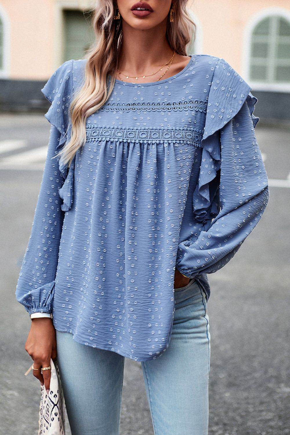 Devine Ruffle Trim Balloon Sleeve Blouse Light Blue Trendsi a2db33e3b7174fd1a137da22ef2e3a98-Max
