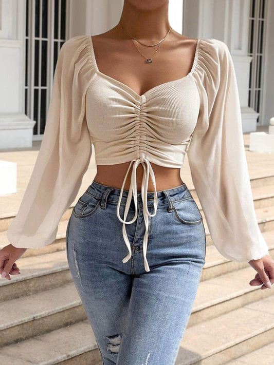 Drawstring Sweetheart Neck Cropped Top Sand Trendsi a2f0653efbee448ca0bf32ee731935ce-Max