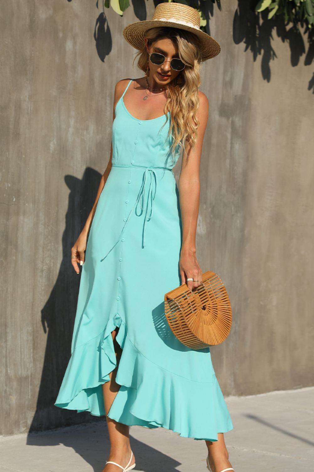 Shiny Decorative Button Spaghetti Strap Ruffle Hem Dress Trendsi a30a430d04554d2691e79f93dfb8e9f5-Max