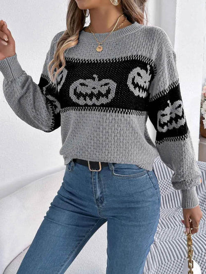 Pumpkin Round Neck Long Sleeve Sweater Trendsi a33ed7c3-fe7d-4827-a5c6-5ef5c0f1725c-Max