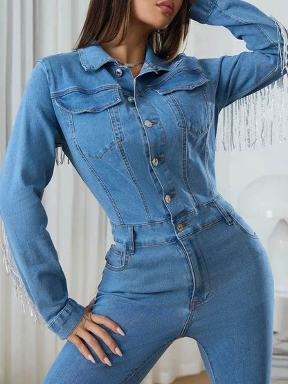 Fringe Half Button Long Sleeve Denim Jumpsuit Trendsi a34954b2-8c00-4418-ae68-212e5d329bc8-Max