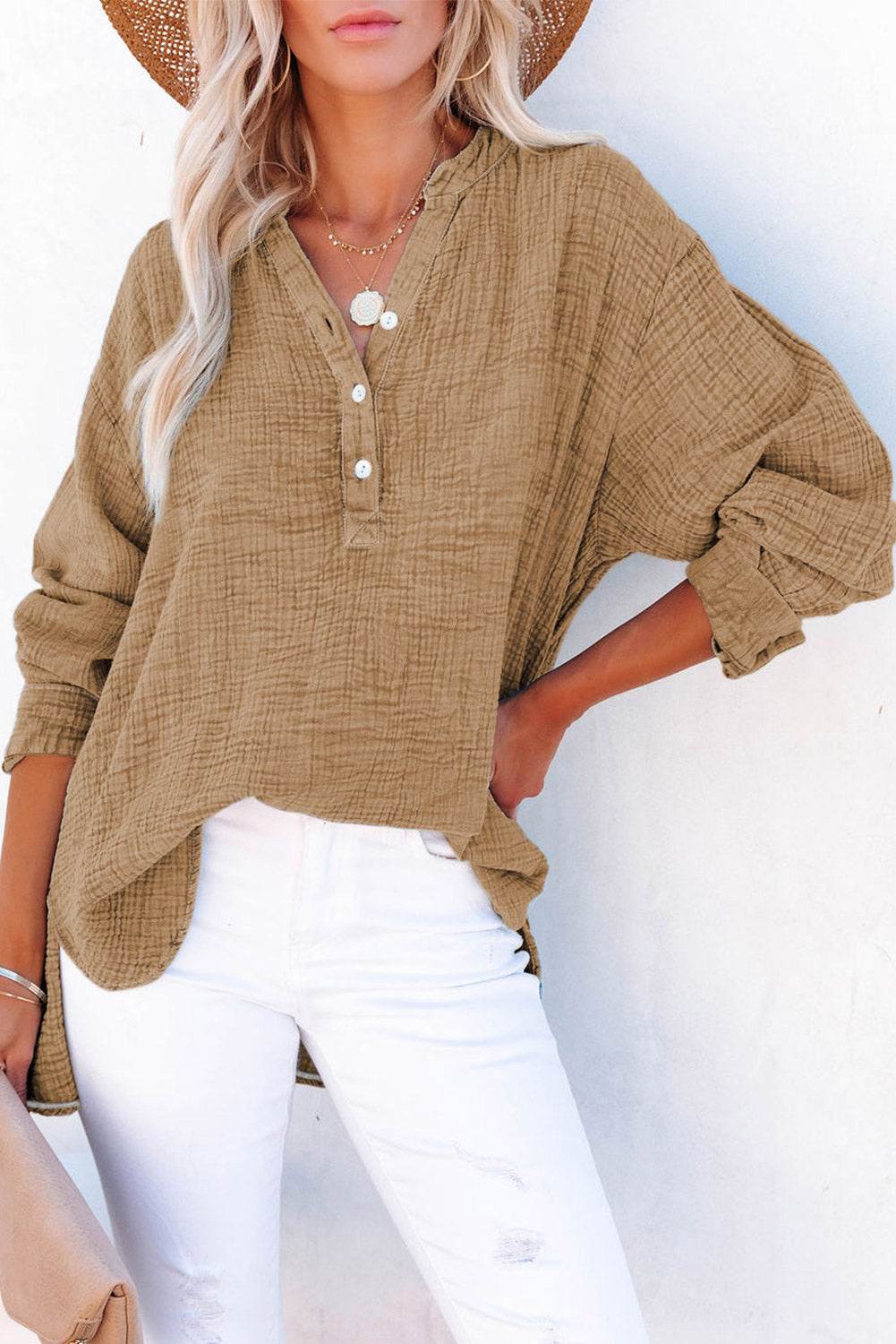 Buttoned Long Sleeve Blouse Khaki Trendsi a34e83ff2dc34b6c87032c769cf6a117-Max