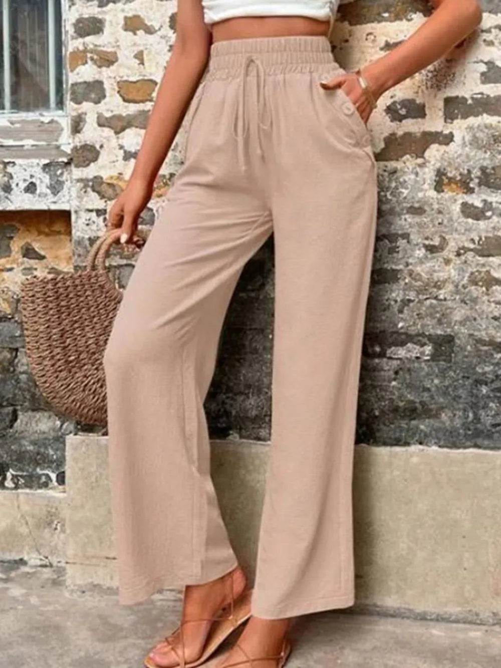 Tied High Waist Wide Leg Pants with Pockets Khaki Trendsi a3647439-1b0c-4cd8-b00e-aa14f5b66202-Max