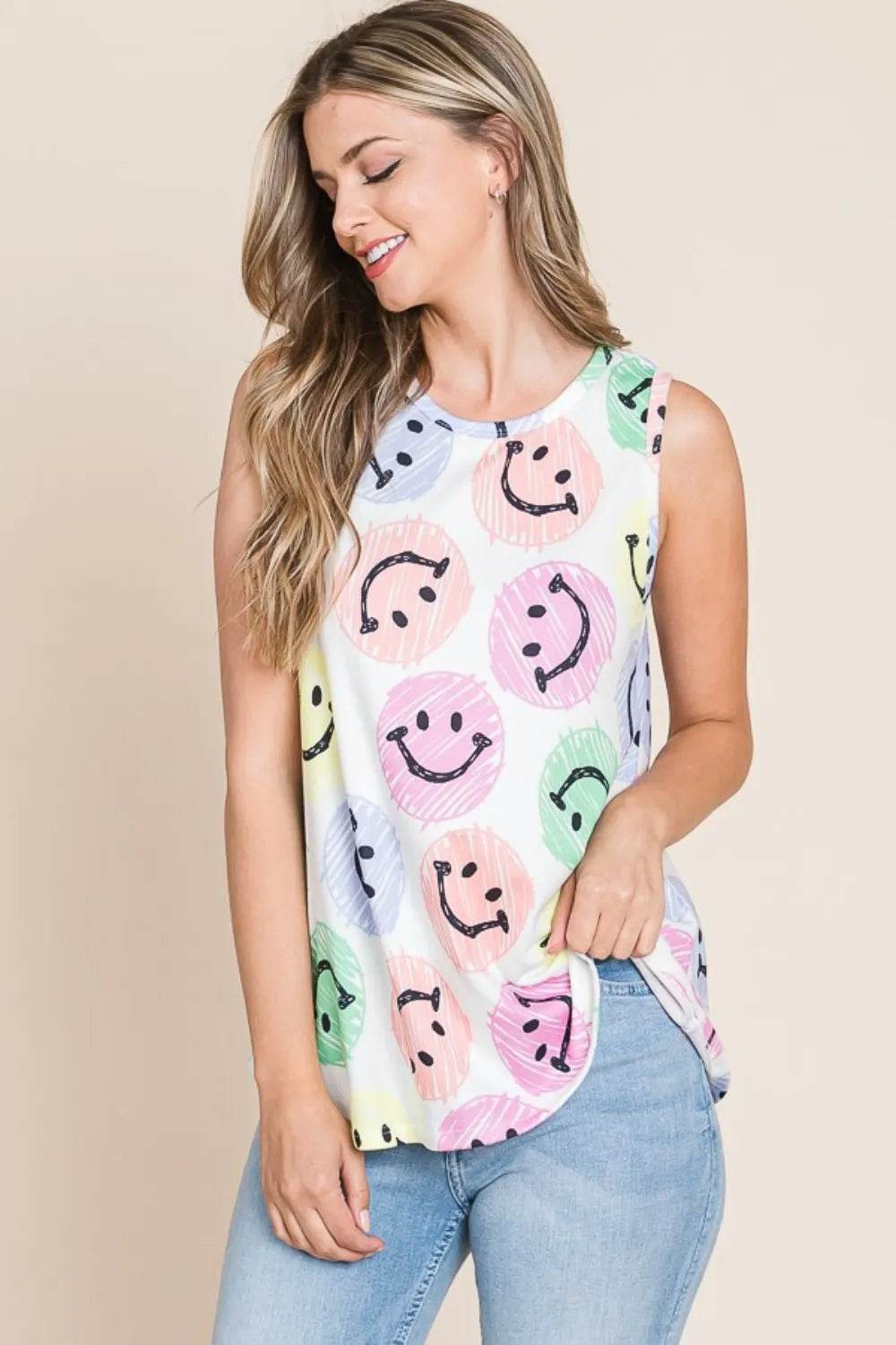 BOMBOM Smiley Face Round Neck Tank Trendsi a378eb43-840d-434c-b7e4-dd6960f835e7-Max