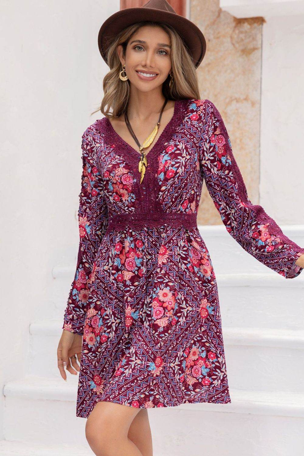 V-Neck Long Sleeve Printed Mini Dress Trendsi a3a036c240224960b78cfa4a6c45b77f-Max