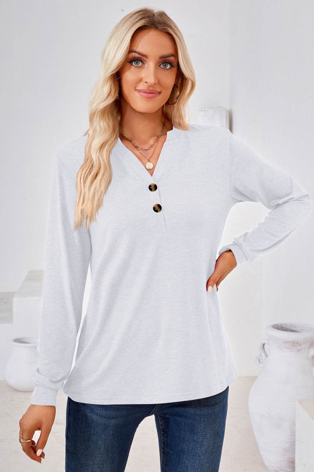 V-Neck Buttoned Long Sleeve Blouse Trendsi a4050df96b06453a858591f409be3a74-Max
