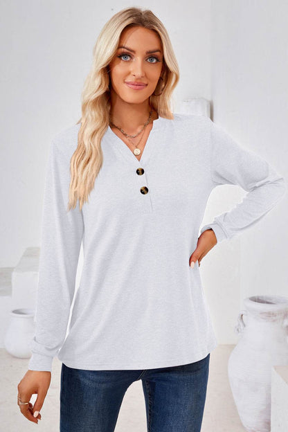 V-Neck Buttoned Long Sleeve Blouse Trendsi a4050df96b06453a858591f409be3a74-Max