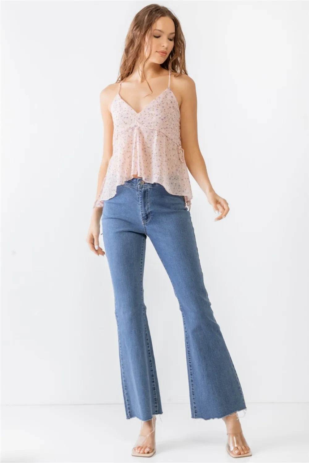 Miss Love / Kevin Co. Floral Print V-Neck Criss-Cross Back Flare Cami Trendsi a45f2022-43bc-4346-9226-503921d13a87-Max