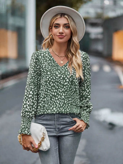 Printed V-Neck Lantern Sleeve Blouse Sage Trendsi a4883d2367cf42449615c01c9e405f94-Max
