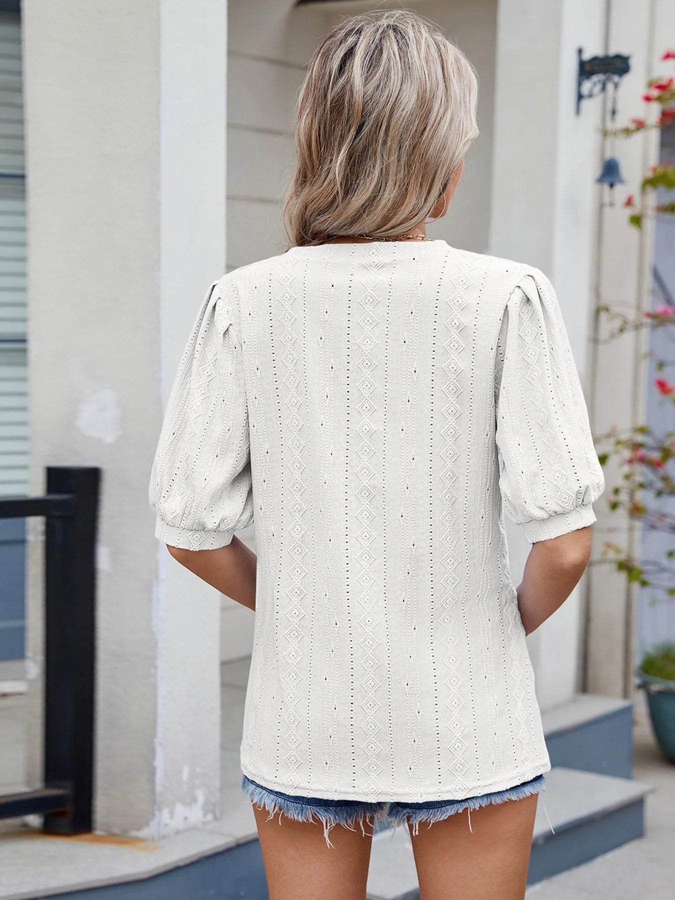 Eyelet V-Neck Puff Sleeve Casual Top Trendsi a4af43b8bee4432a9d5c8a83dfb3cfdf-Max-Origin