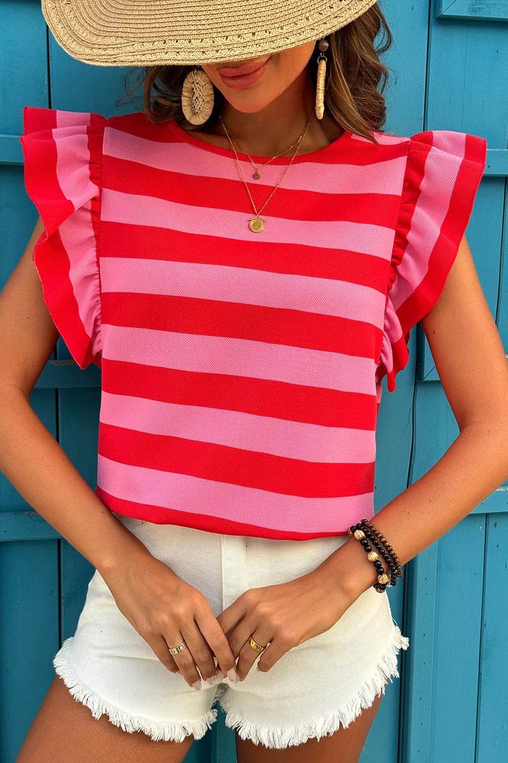 Striped Ruffle Sleeve Summer T-Shirt Trendsi a4b72e3d-ec3f-4043-a779-32969d996bb3-Max-Origin