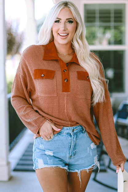 Half-Button Collared Long Sleeve Top Caramel Trendsi a4cc97f71d8f470d9251b209d3463ea8-Max