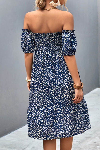 Ditsy Floral Smocked Frill Trim Off-Shoulder Dress Trendsi a5083bfbc3424831aecedae142fb35ca-Max