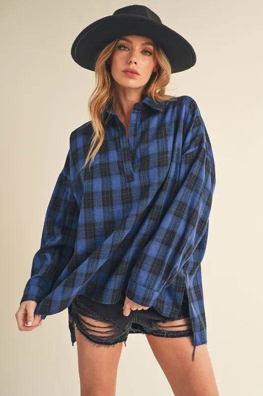 Aemi + Co Side Slit High-Low Plaid Long Sleeve Polo Shirt Peacock Blue Trendsi a50fddde-7442-402b-803f-fc54e8ecfa13-Max