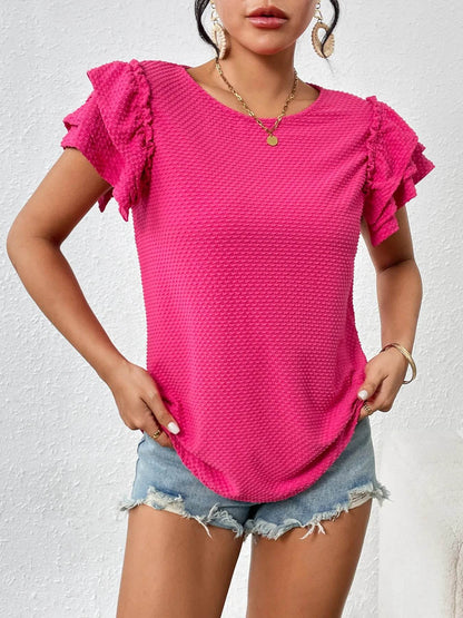 Round Neck Ruffle Sleeve T-Shirt Hot Pink Trendsi a51995c6f69942e9b8d954081beddcde-Max-Origin