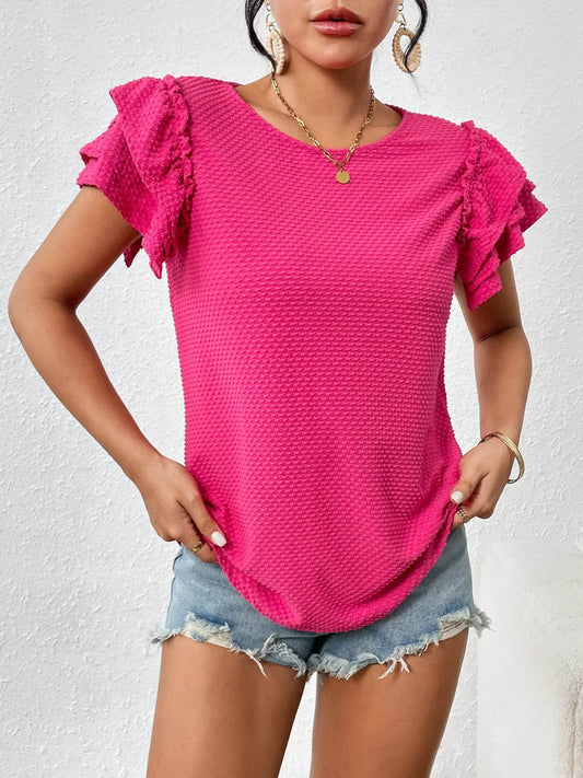 Round Neck Ruffle Sleeve T-Shirt Hot Pink Trendsi a51995c6f69942e9b8d954081beddcde-Max-Origin