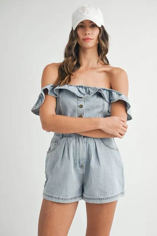 MABLE Off Shoulder Ruffle Detail Denim Romper Trendsi a52d2abc848741fea37f480d947a95ab-Max-Origin
