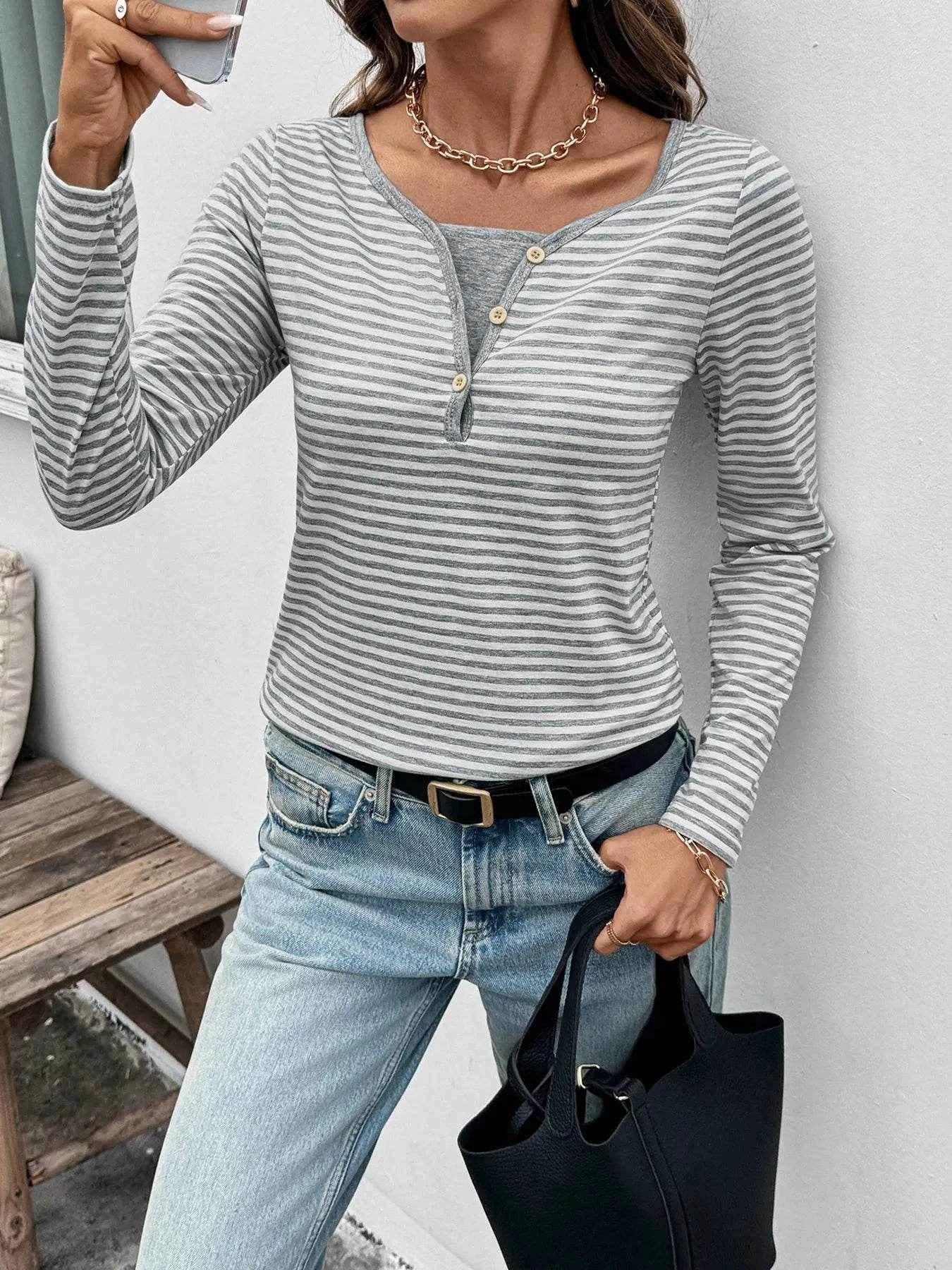 Striped Long Sleeve Casual T-Shirt Trendsi a530033696334c07a830434aa80be7ec-Max-Origin