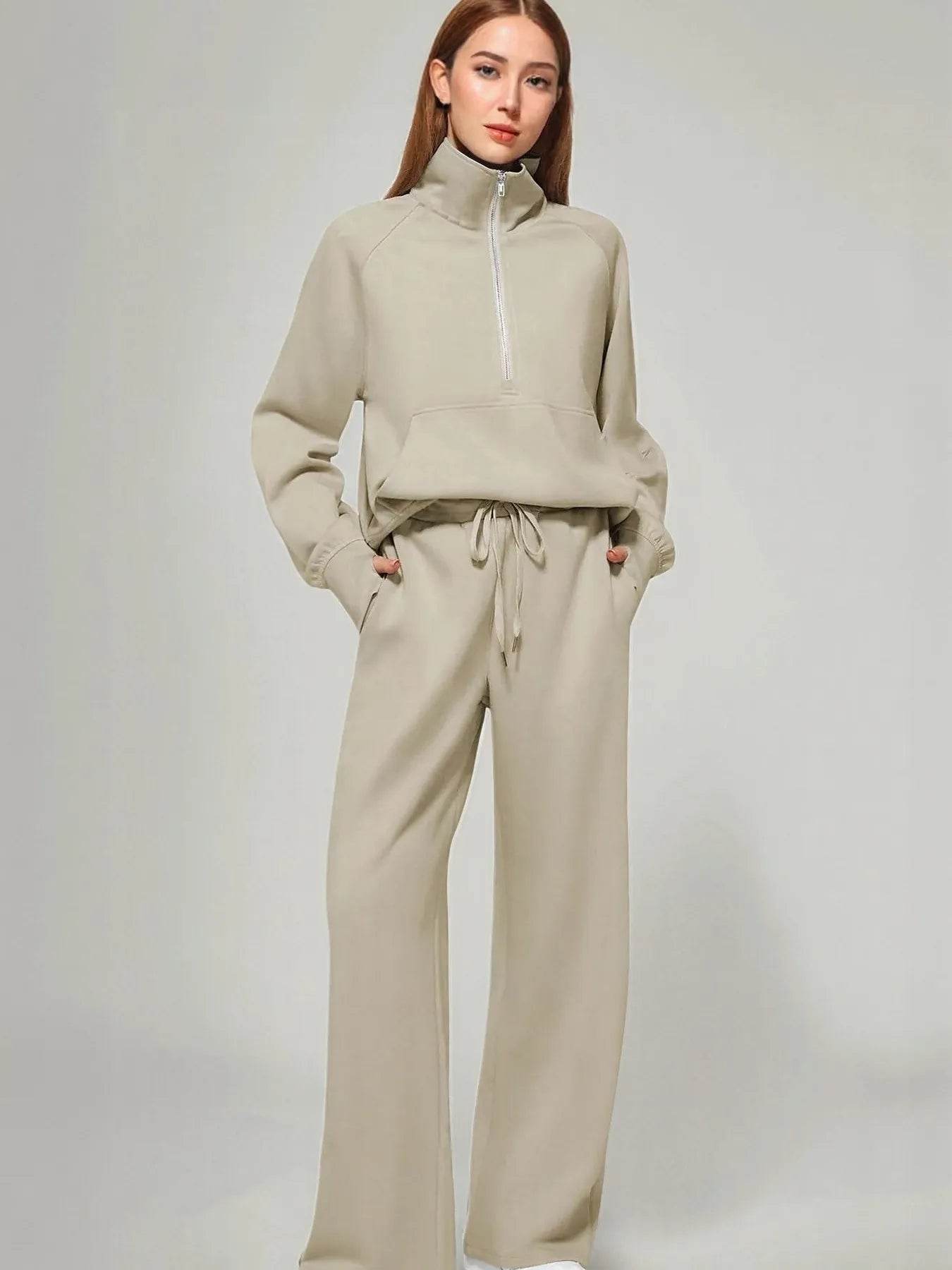Half Zip Long Sleeve Top and Pants Set Khaki Trendsi a53df41e8ec24256b1b509e4a3c1f144-Max-Origin