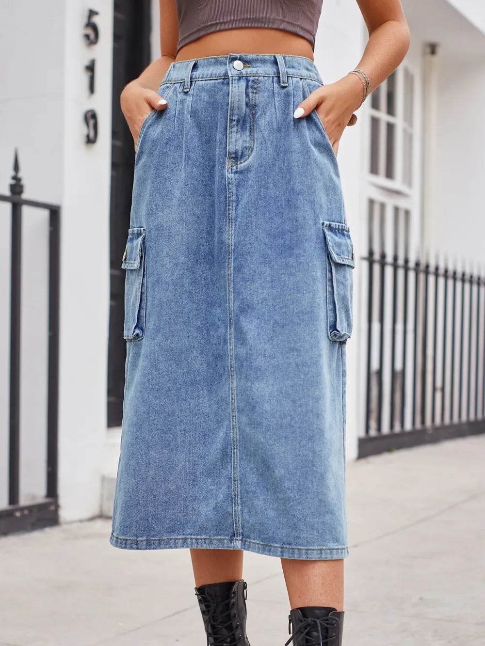 Slit Buttoned Denim Skirt with Pockets Dusty Blue Trendsi a56047ee-2ff4-4e49-81a7-4dc211718b97-Max