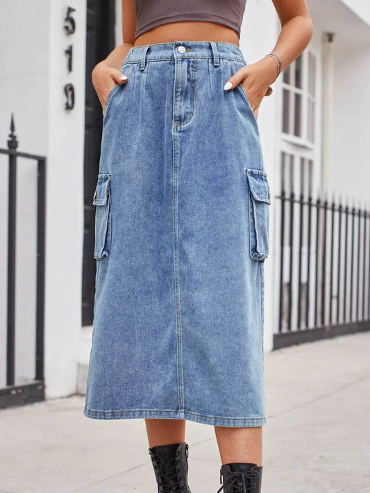 Slit Buttoned Denim Skirt with Pockets Dusty Blue Trendsi a56047ee-2ff4-4e49-81a7-4dc211718b97-Max