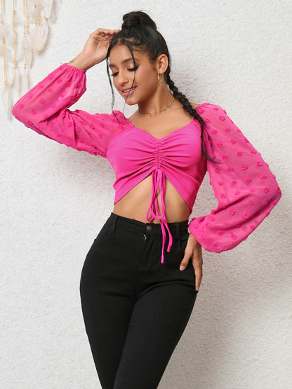 Swiss Dot Drawstring Cropped Blouse Trendsi a57e9d6afe7943309bb28b25b2357f9d-Max