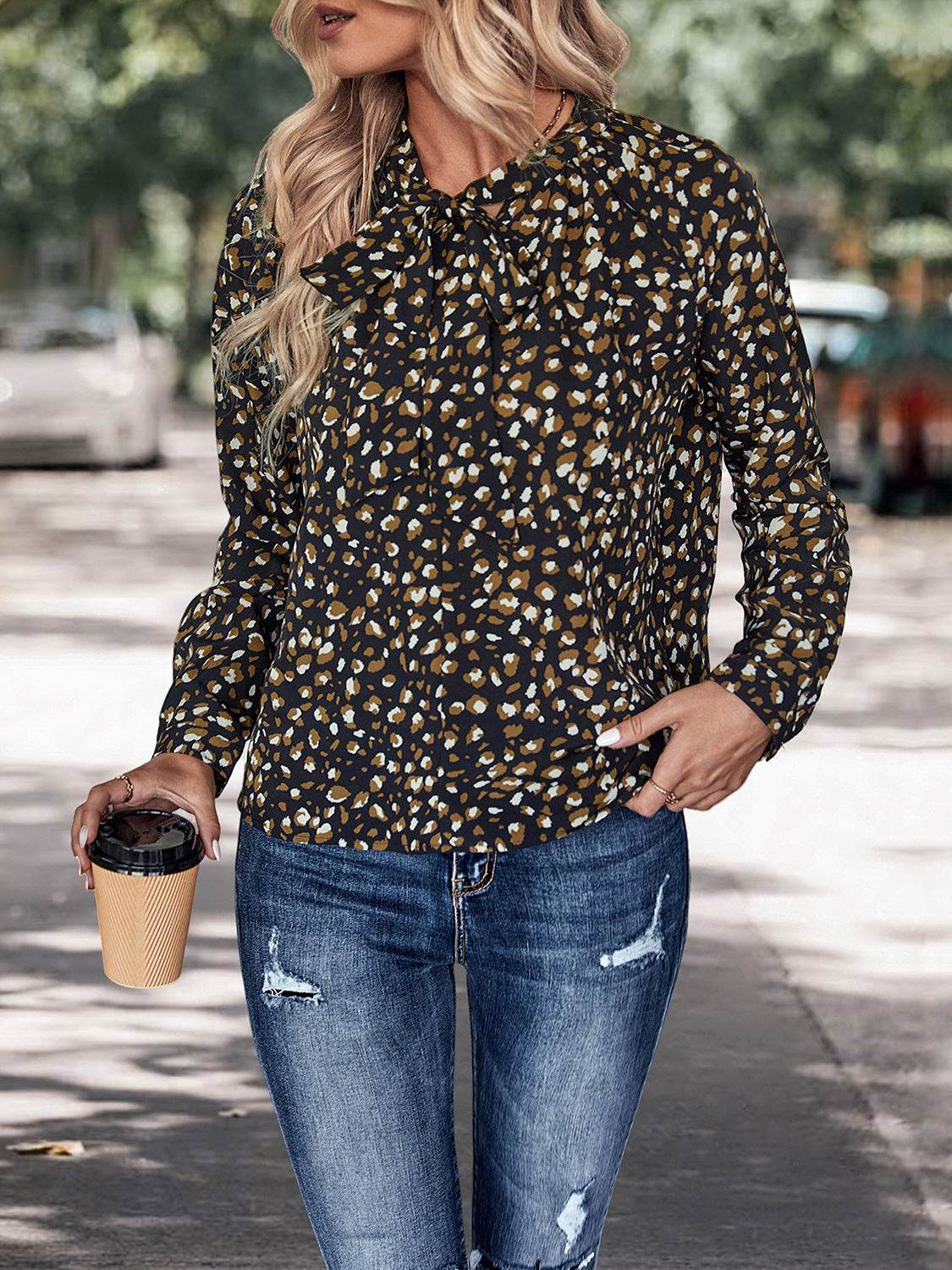 Perfee Printed Tie Neck Long Sleeve Top Black Trendsi a5ab7ca77721465e995a1f6e1d99977b-Max