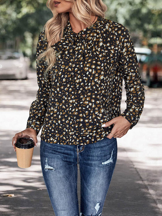Perfee Printed Tie Neck Long Sleeve Top Black Trendsi a5ab7ca77721465e995a1f6e1d99977b-Max