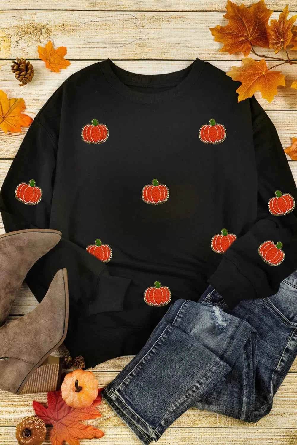 Pumpkin Round Neck Long Sleeve Sweatshirt Trendsi a5c1d25f-8ad9-47ef-9638-0bebb850ba84-Max