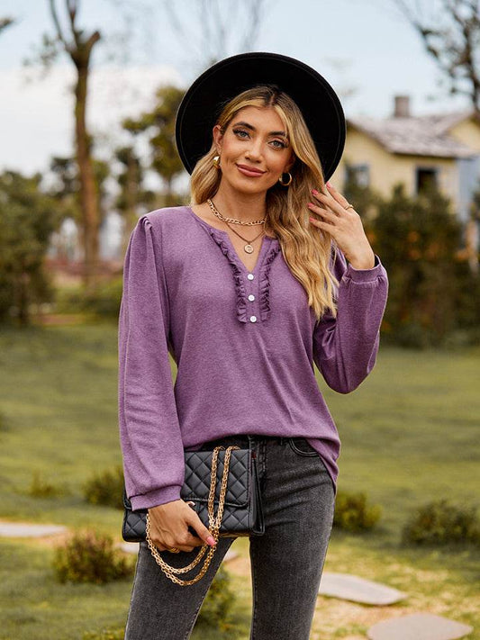 Puff Sleeve Ruffle Trim Blouse Dusty Purple Trendsi a5c269d3a7fe4df0b70b55e7d8458a99-Max