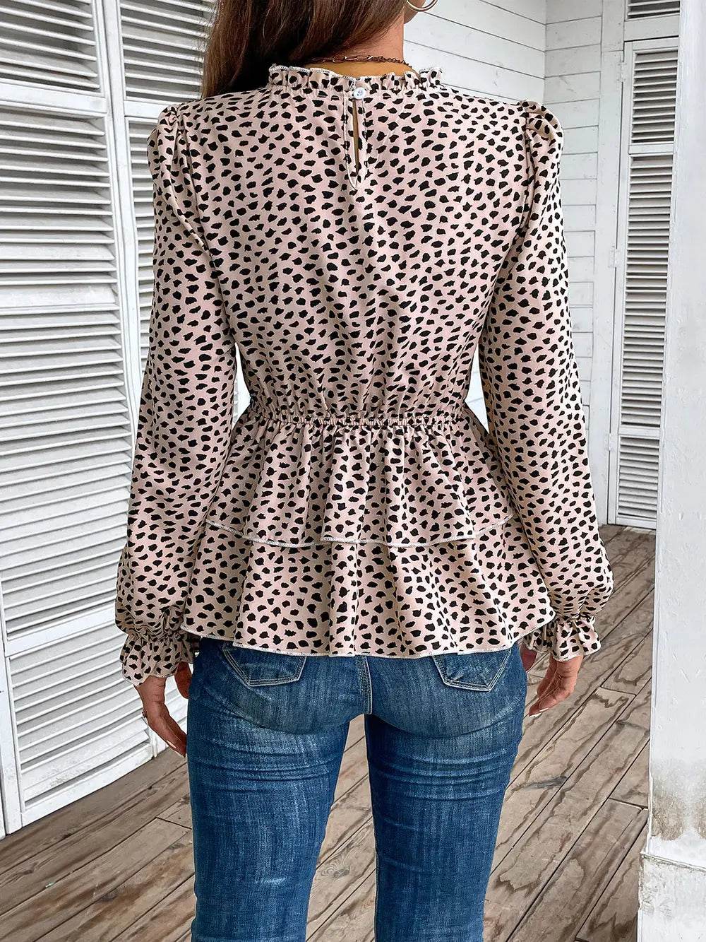 Perfee Printed Round Neck Smocked Flounce Sleeve T-Shirt Trendsi a5edde7b2033419fa3074f1b0ac757f4-Max