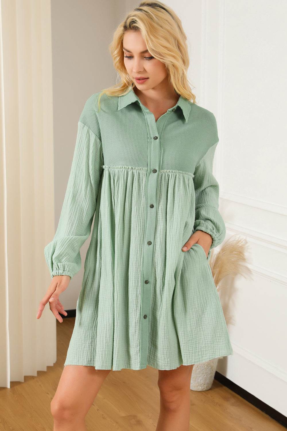 Buttoned Collared Neck Dropped Shoulder Mini Dress Trendsi a606ea5e948f492f8272aebb2dff940c-Max