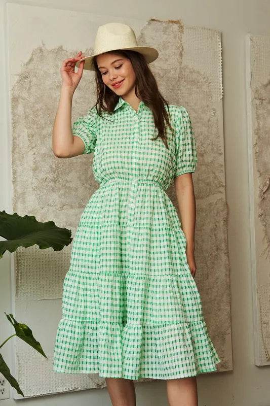 Davi & Dani Checkered Puff Sleeve Tiered Shirt Dress Green Trendsi a61282a1bd1a455981fb009674a1abff-Max-Origin