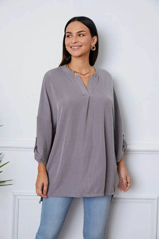 Notched Roll-Tab Sleeve Blouse Stripe Trendsi a624821a-a9bf-4ae0-a411-addf3dfe6d60-Max