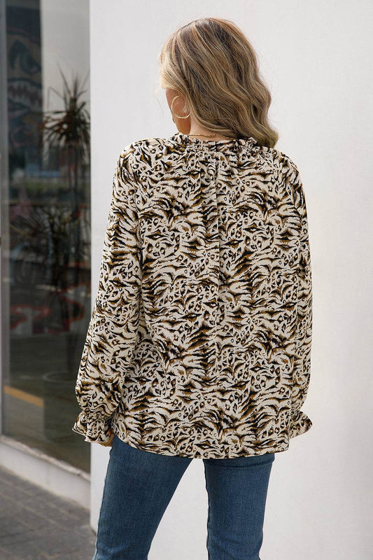 Ivy Lane Printed Tie Neck Frill Trim Flounce Sleeve Blouse Trendsi a639b135f0284f6687be5aa7ad2d7a7b-Max