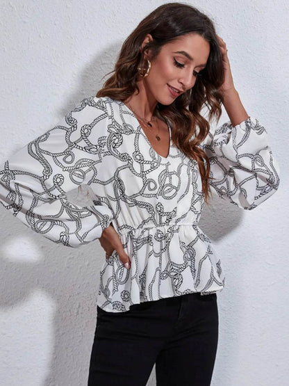 Printed V-Neck Balloon Sleeve Peplum Blouse Trendsi a63eed98310848969a19e6324c284998-Max