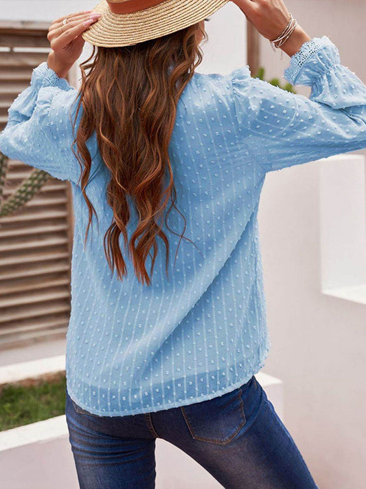 Shiny Swiss Dot Flounce Sleeve Blouse Trendsi a649f63c49574e83bc3919555eec70cc-Max
