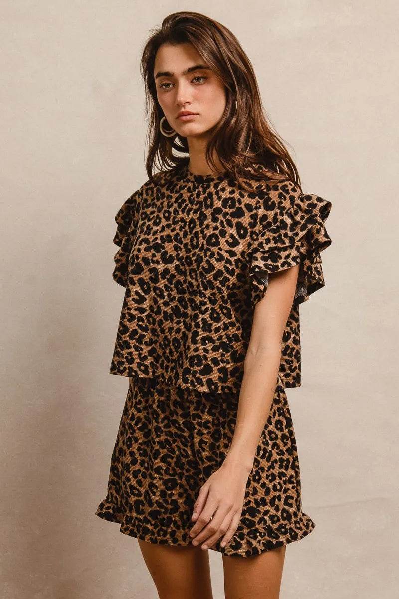 BiBi Leopard Print Waffle Texture Layered Ruffle Sleeve Top and Shorts Set Trendsi a688aac523cf40ea823d62f6b09ba141-Max-Origin