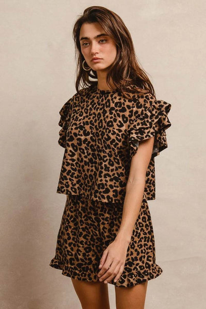 BiBi Leopard Print Waffle Texture Layered Ruffle Sleeve Top and Shorts Set Trendsi a688aac523cf40ea823d62f6b09ba141-Max-Origin