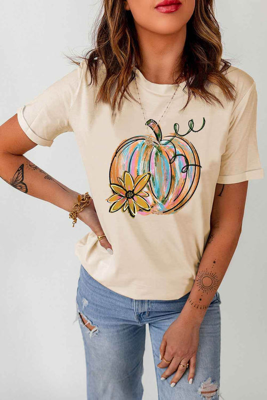 Pumpkin Graphic Round Neck T-Shirt Sand Trendsi a68f65fb0cb0423ebbdd0b487dab3d16-Max