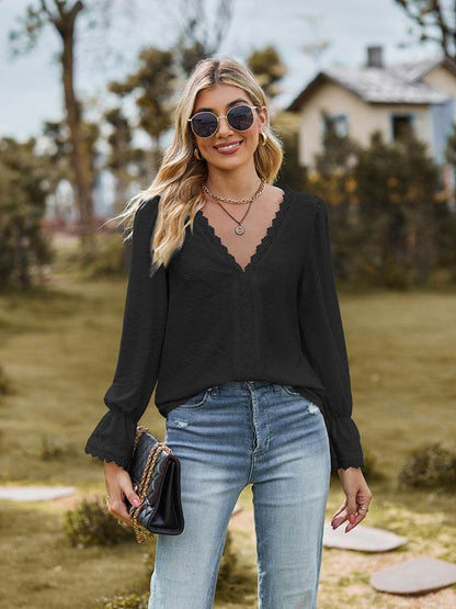 V-Neck Flounce Sleeve Blouse Black Trendsi a69058e6e06b4e0baef6b6b22d3f2aa2-Max